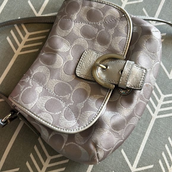 COACH Signature Metallic Silver Buckle Flap Crossbody Shoulder Bag - Picture 10 of 15
